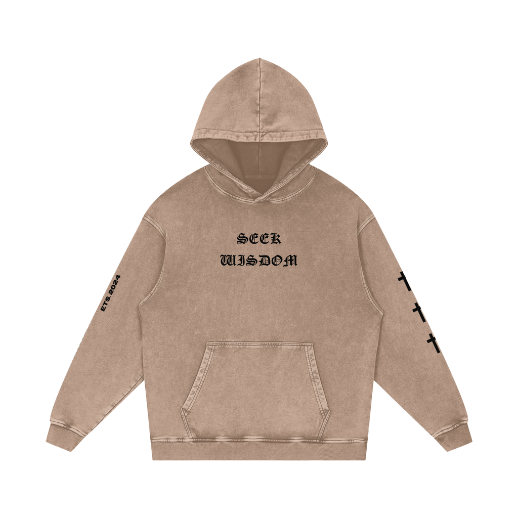"SEEK WISDOM" OVERSIZED LUXE HOODIE IN ACID WASHED WARM IVORY