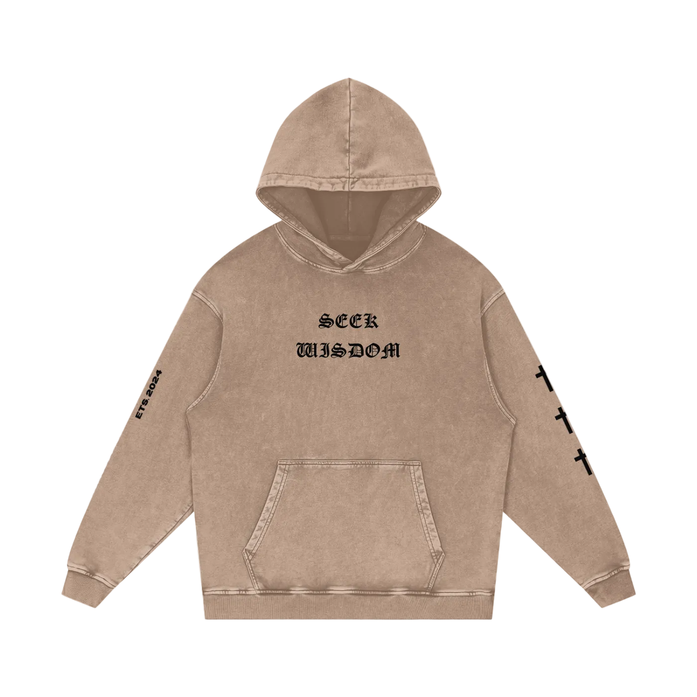 Beige hoodie with 'Seek Wisdom' text on a white background