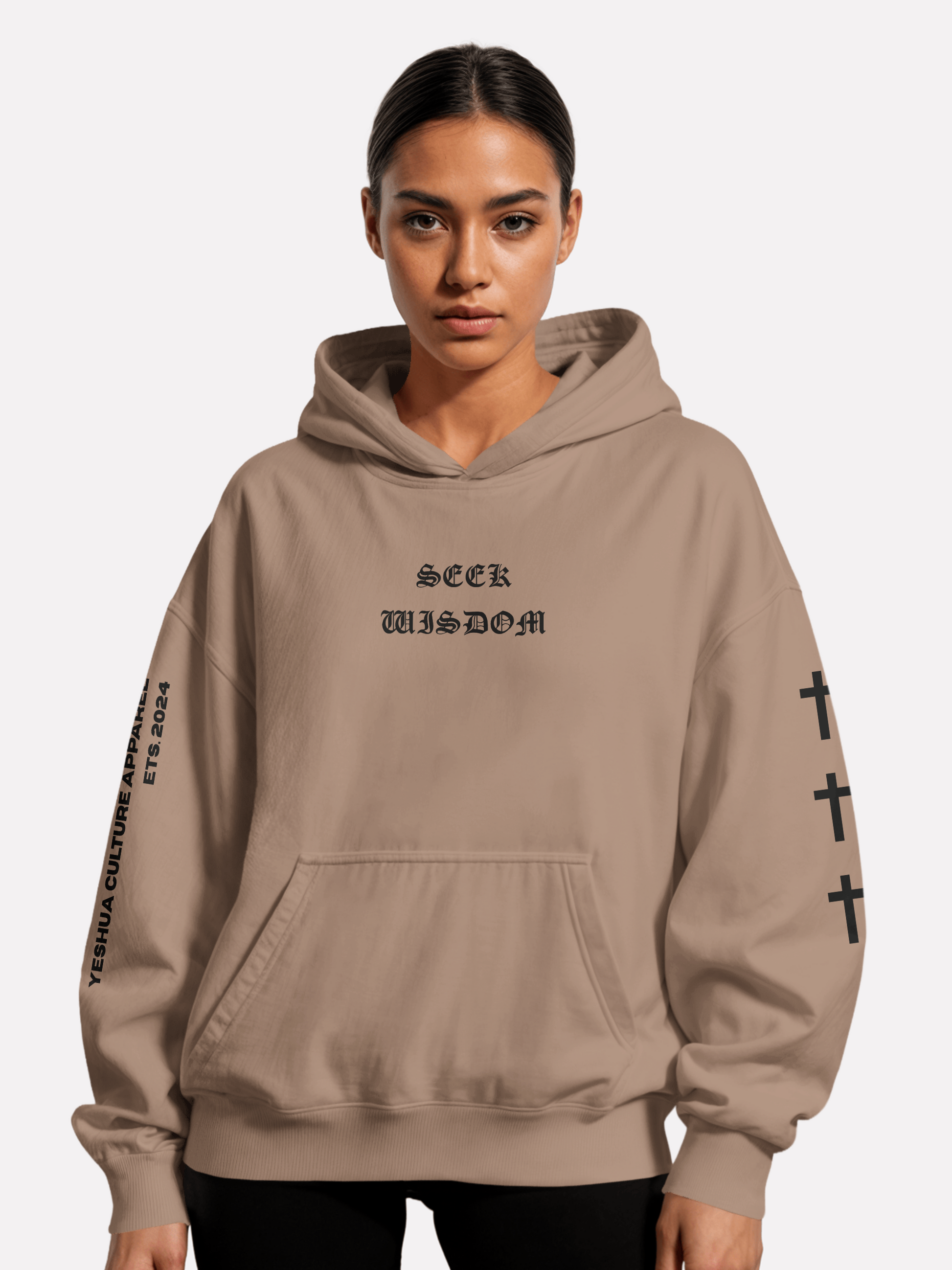 "SEEK WISDOM" OVERSIZED LUXE HOODIE IN ACID WASHED WARM IVORY