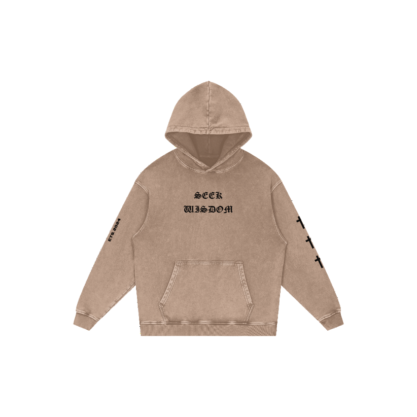 "SEEK WISDOM" OVERSIZED LUXE HOODIE IN ACID WASHED WARM IVORY