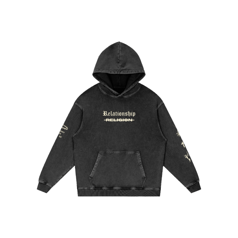 360 view of ABOVE RELIGION Christian hoodie showing front and back graphic design