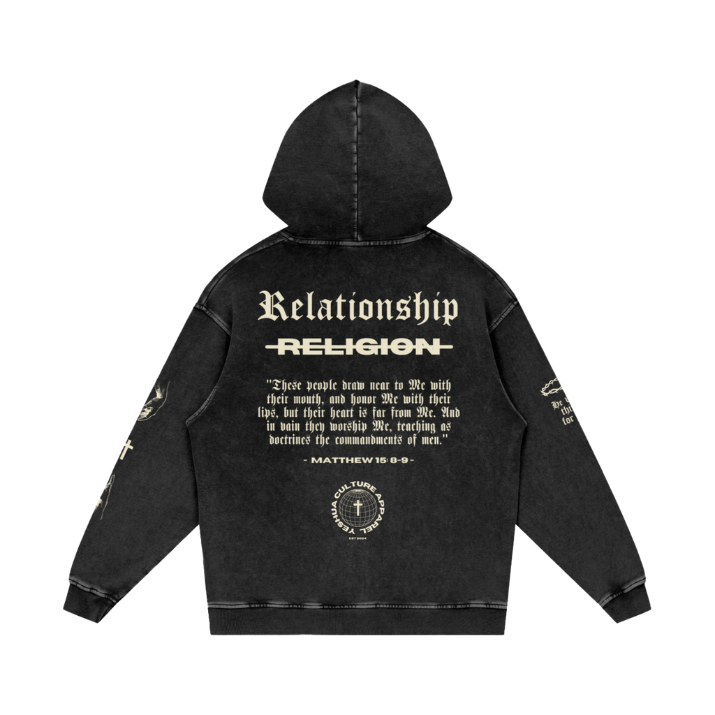 Back of ABOVE RELIGION hoodie showing "Relationship over Religion" graphic and Matthew 15:8-9 verse