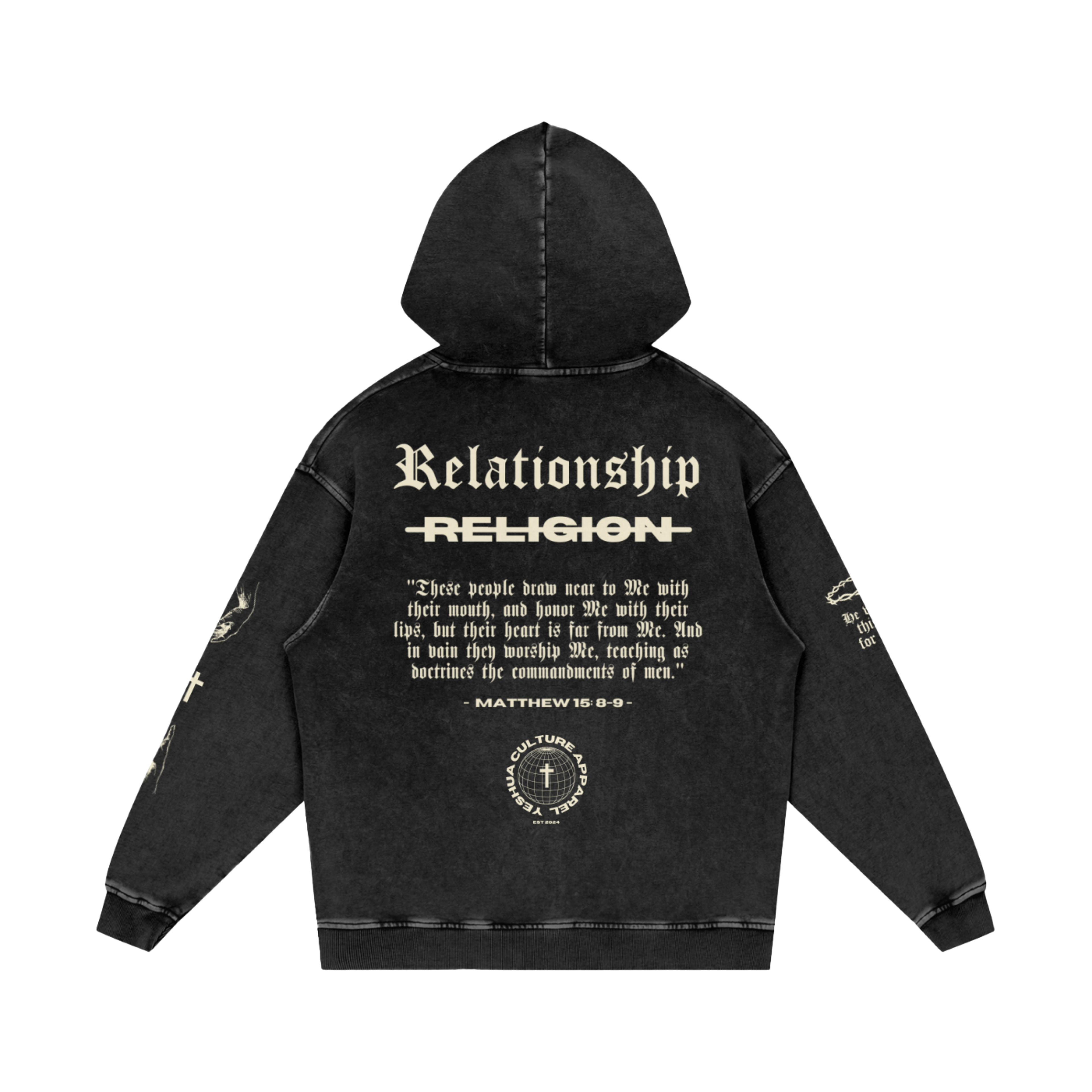 Back of ABOVE RELIGION hoodie showing "Relationship over Religion" graphic and Matthew 15:8-9 verse