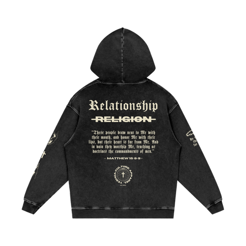 Back of ABOVE RELIGION hoodie showing "Relationship over Religion" graphic and Matthew 15:8-9 verse