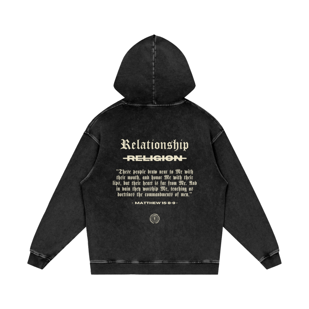 ABOVE RELIGION Oversized Christian Hoodie back view with Matthew 15:8-9 scripture — relationship over religion message
