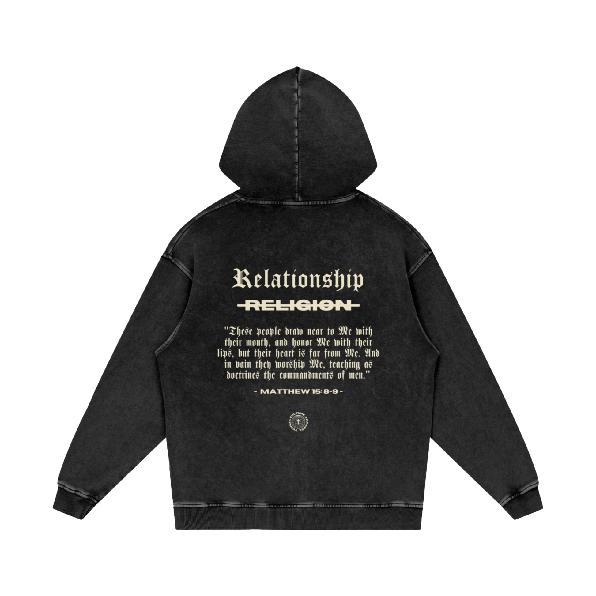 ABOVE RELIGION Oversized Christian Hoodie back view with Matthew 15:8-9 scripture — relationship over religion message