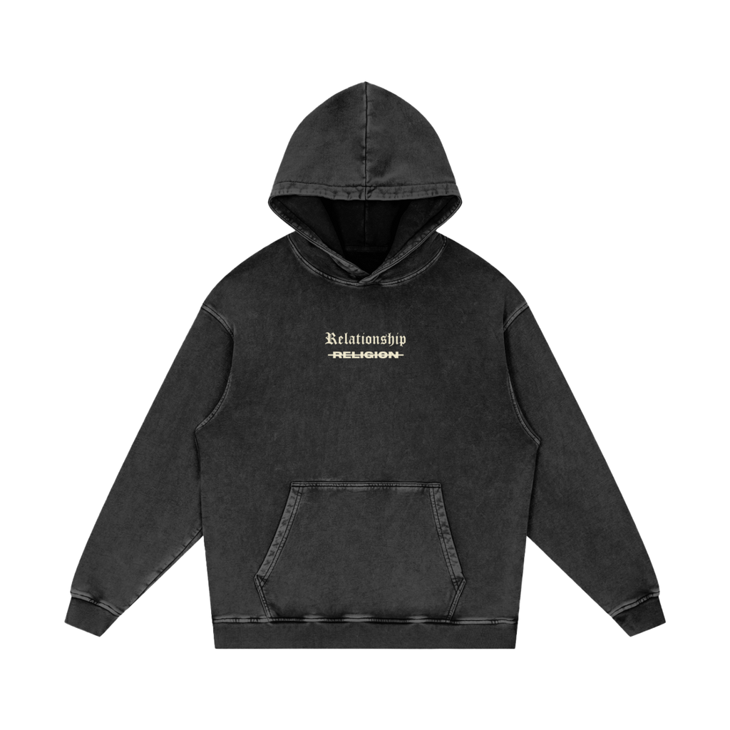 ABOVE RELIGION Oversized Christian Hoodie front view — Matthew 15:8-9, bold Christian streetwear style