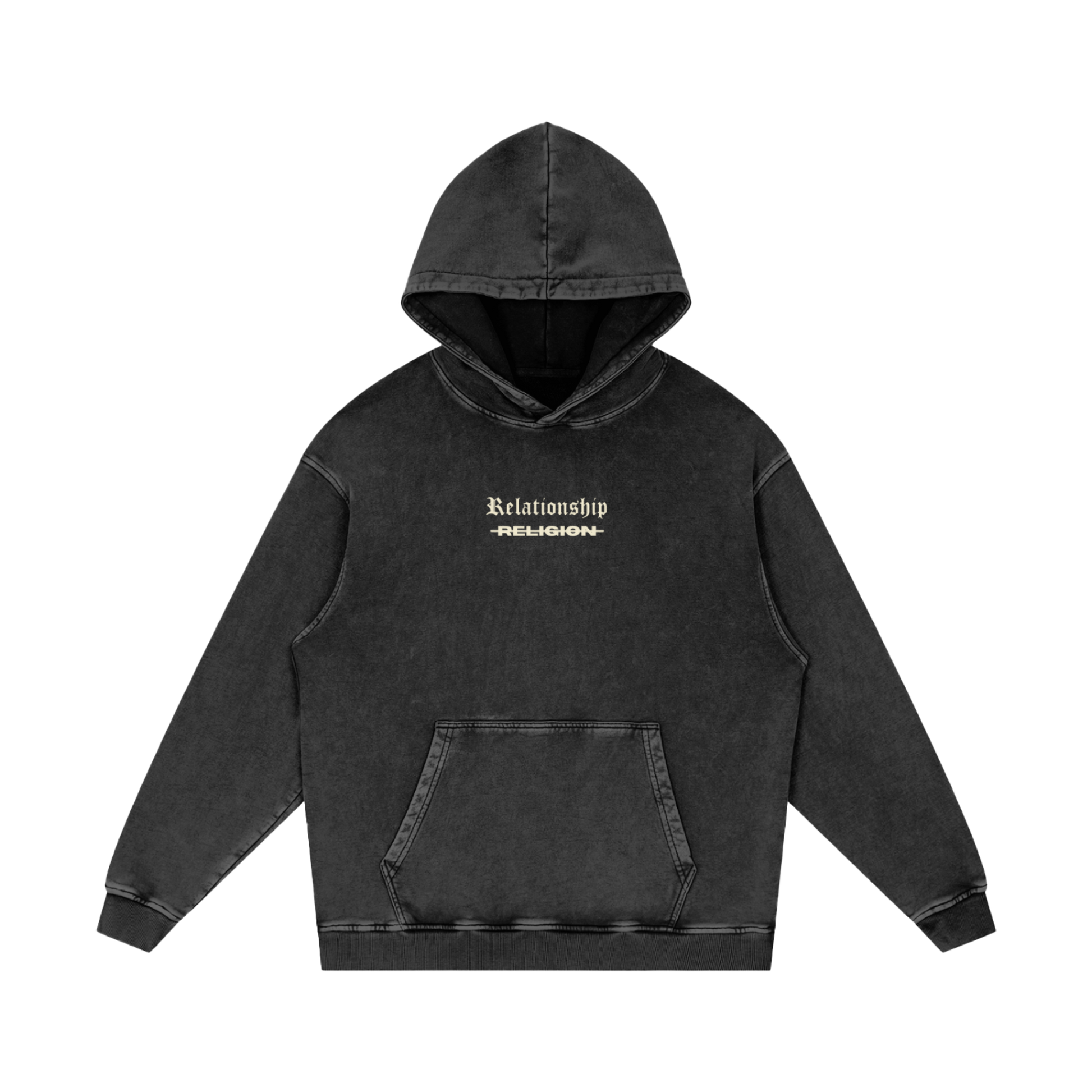 ABOVE RELIGION Oversized Christian Hoodie front view — Matthew 15:8-9, bold Christian streetwear style