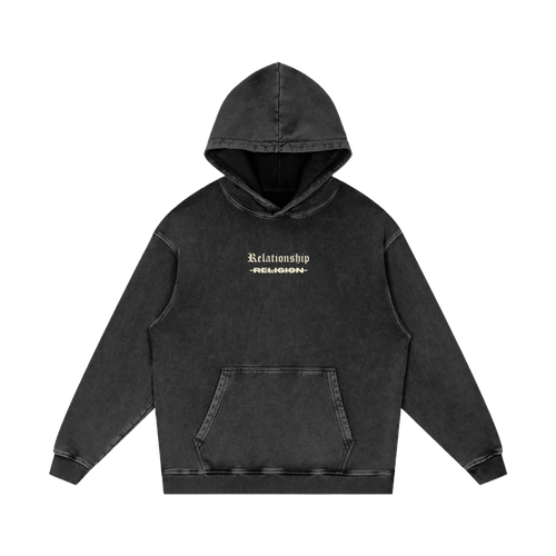 ABOVE RELIGION Oversized Christian Hoodie front view — Matthew 15:8-9, bold Christian streetwear style