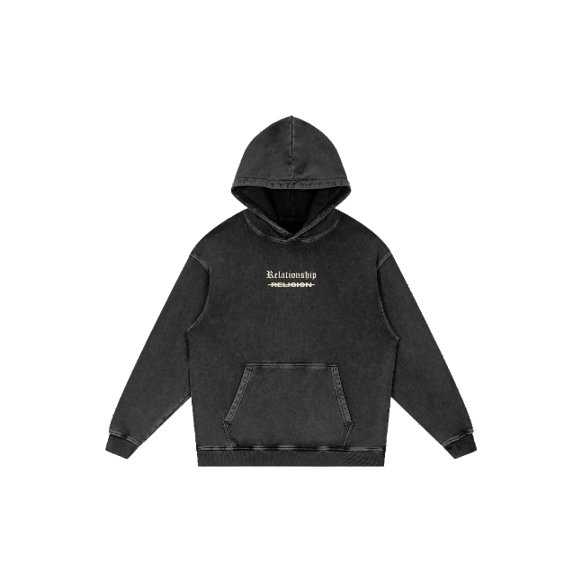 ABOVE RELIGION Oversized Christian Hoodie rotating view showing front and back — Matthew 15:8-9 scripture