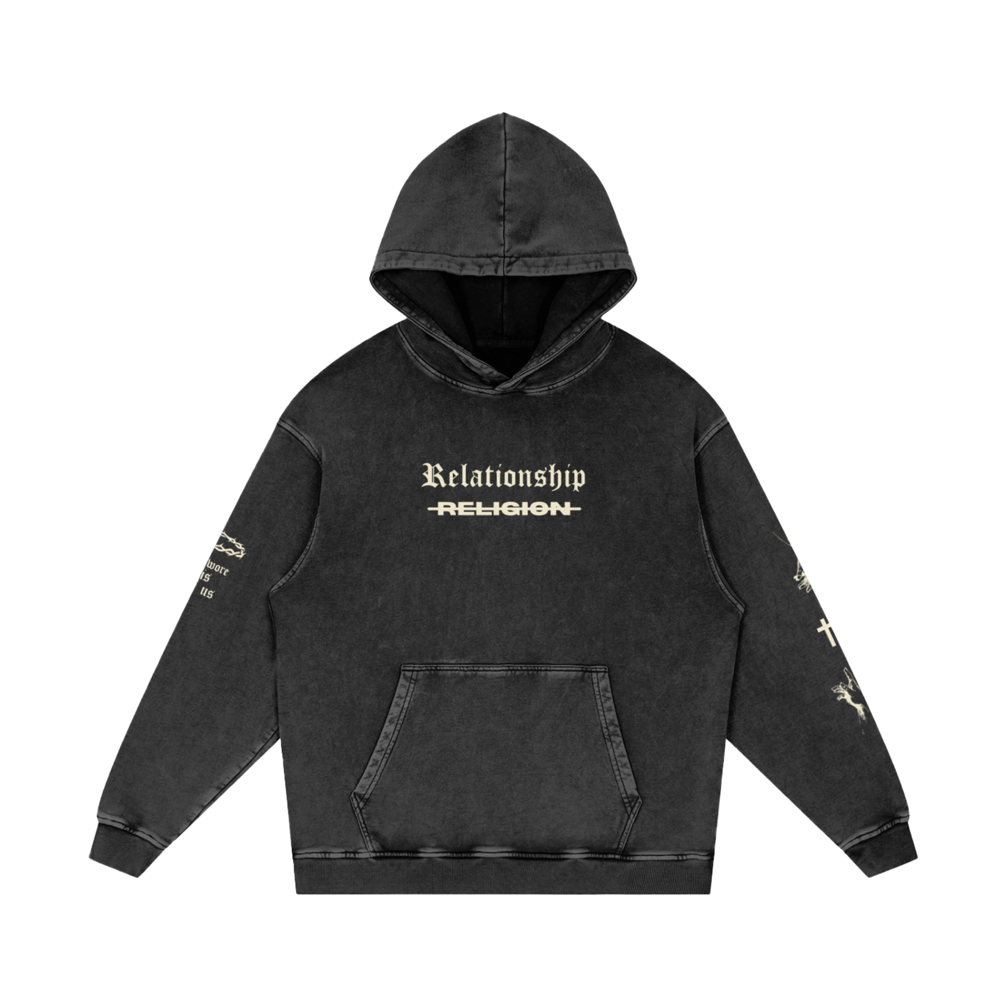 ABOVE RELIGION oversized Christian hoodie, front view with "Relationship" chest print