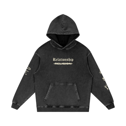 ABOVE RELIGION oversized Christian hoodie, front view with "Relationship" chest print