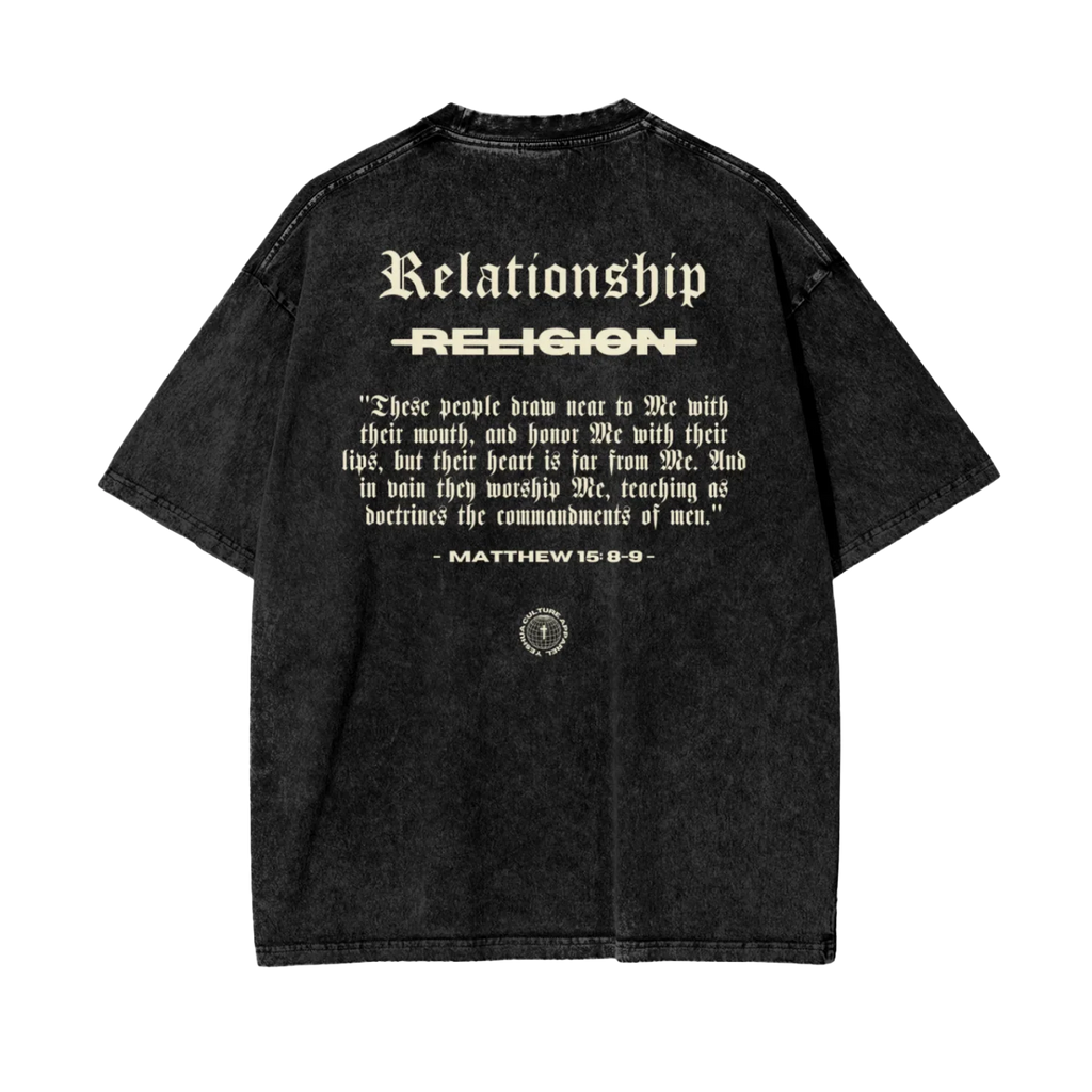 ABOVE RELIGION Oversized Christian Tee back view featuring Matthew 15:8–9 scripture