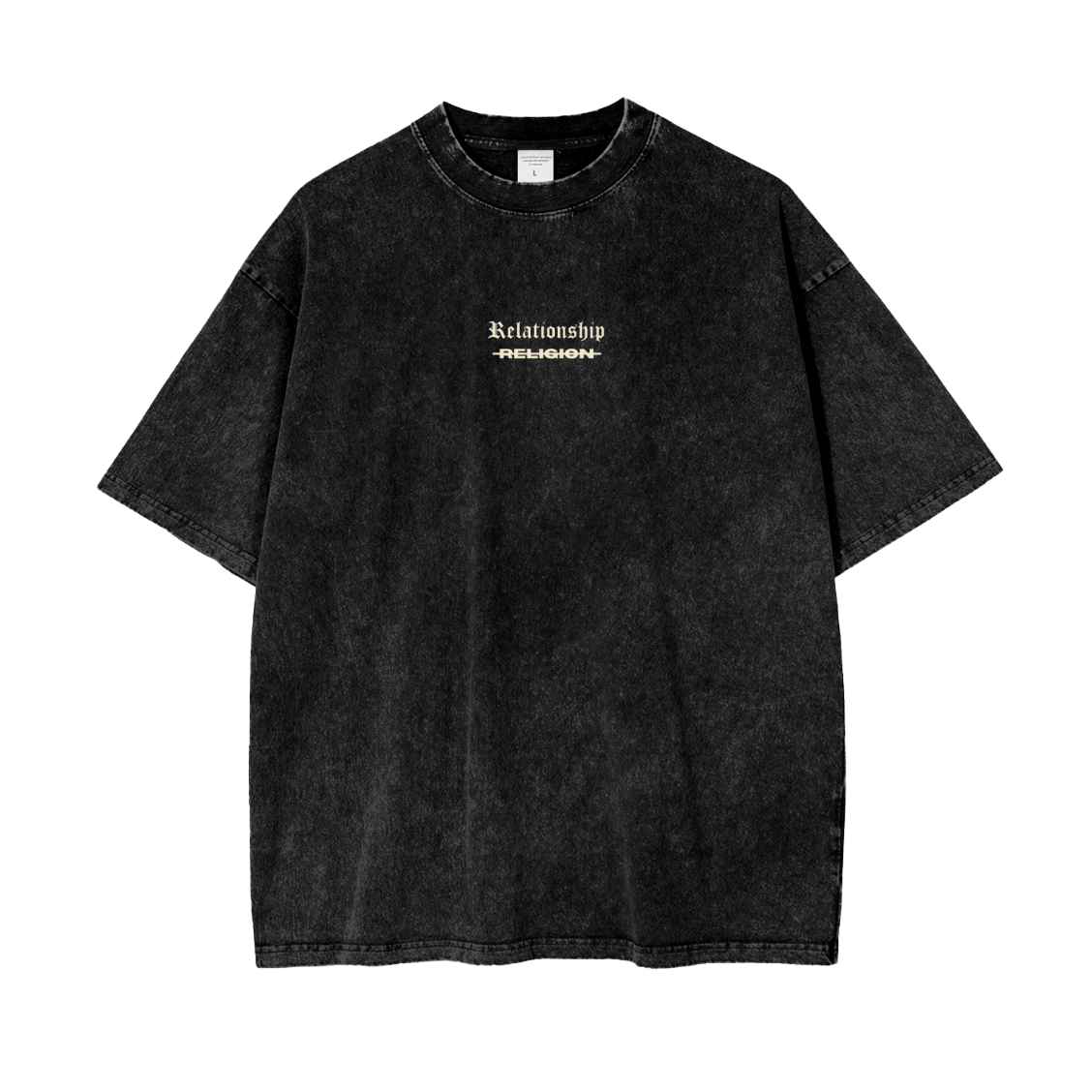 ABOVE RELIGION Oversized Christian Tee front view — Matthew 15:8–9