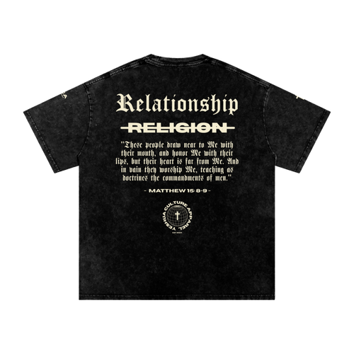 Back of ABOVE RELIGION tee featuring "Relationship over Religion" and Matthew 15:8-9