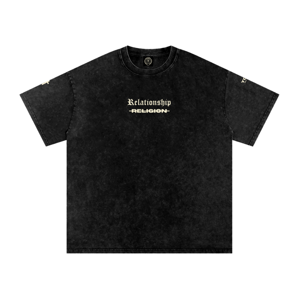 ABOVE RELIGION Christian tee front view, "Relationship" chest text, black colorway