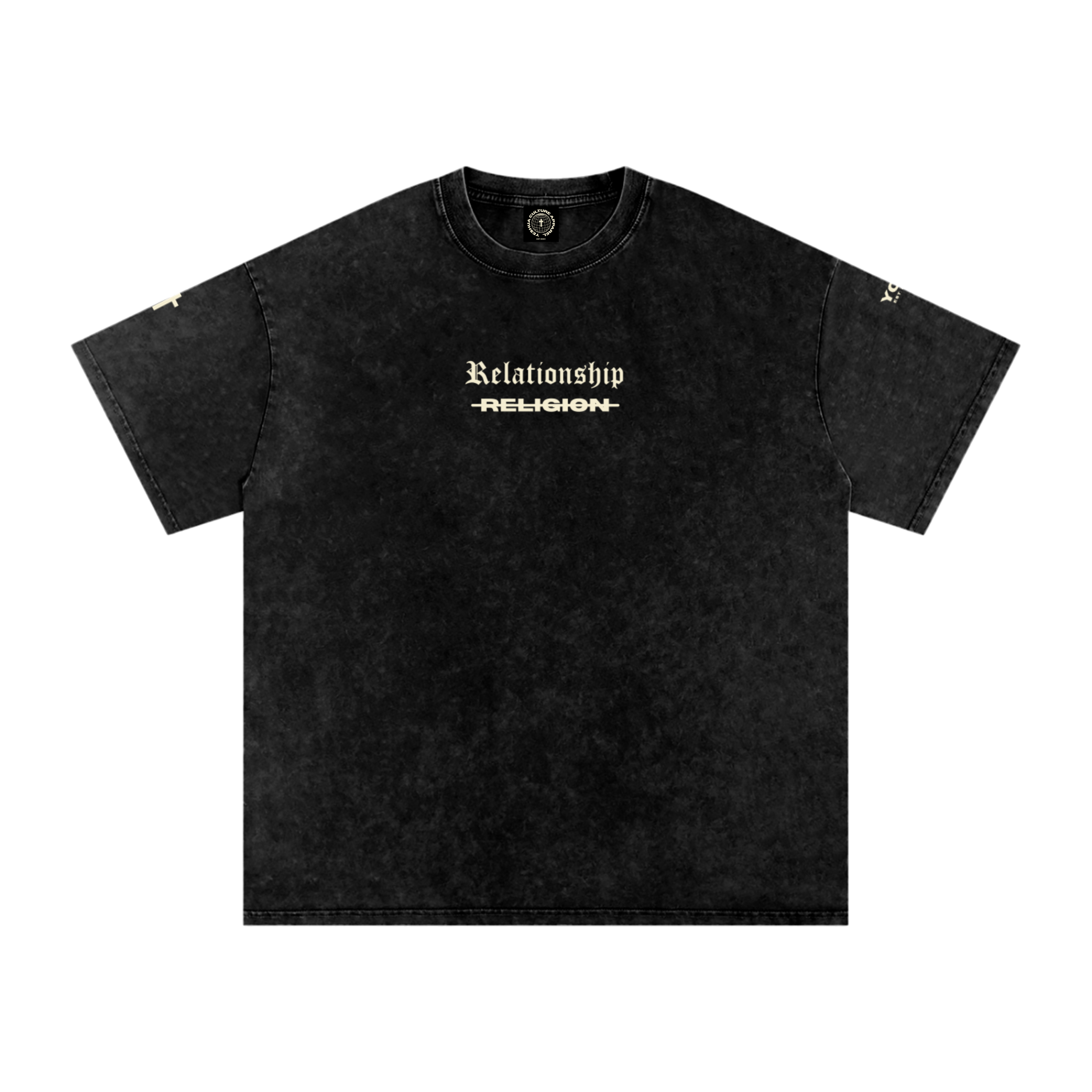 ABOVE RELIGION Christian tee front view, "Relationship" chest text, black colorway