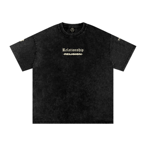 ABOVE RELIGION Christian tee front view, "Relationship" chest text, black colorway