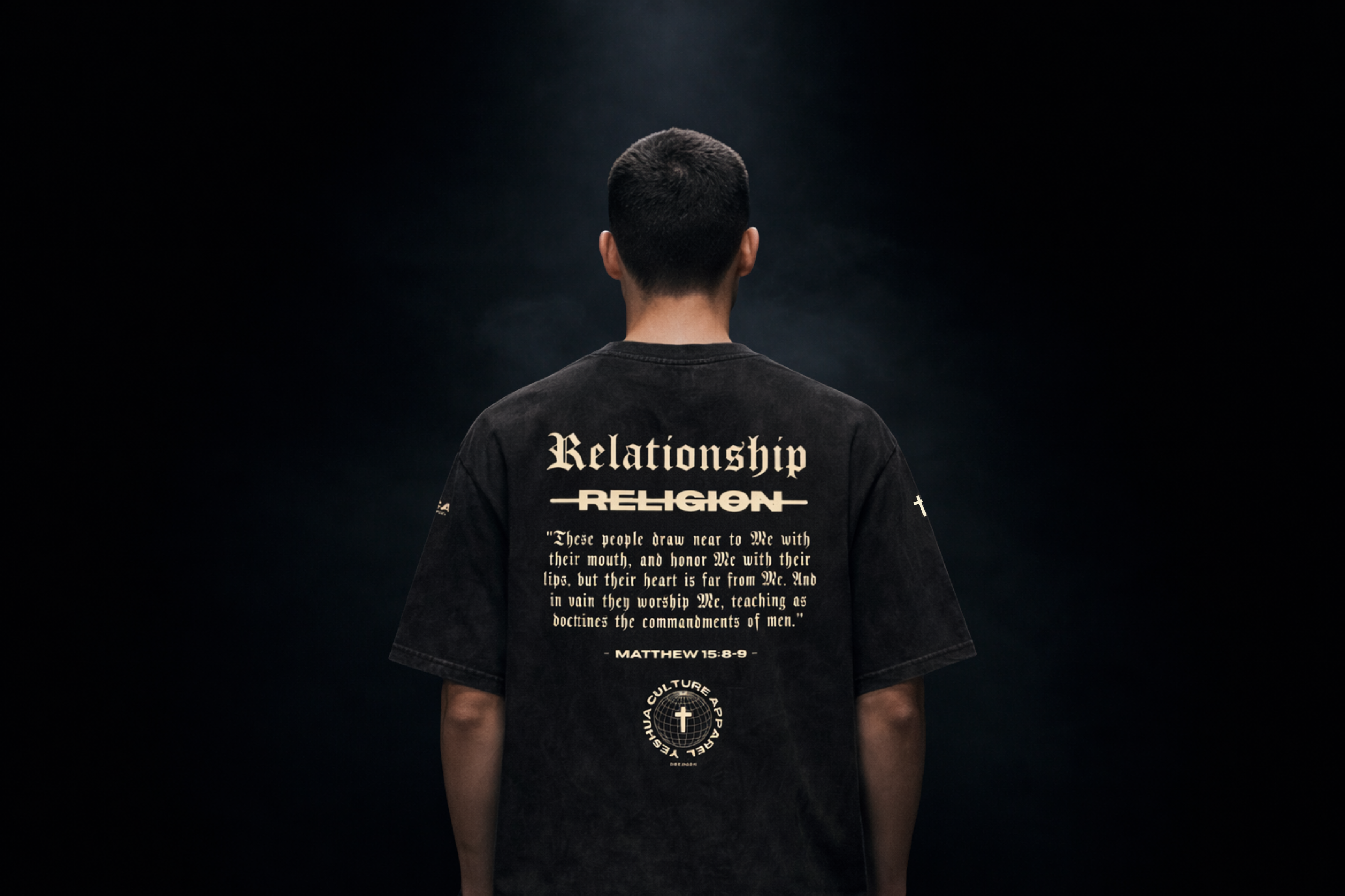 Man wearing ABOVE RELIGION tee, back "Relationship over Religion" graphic, studio shot