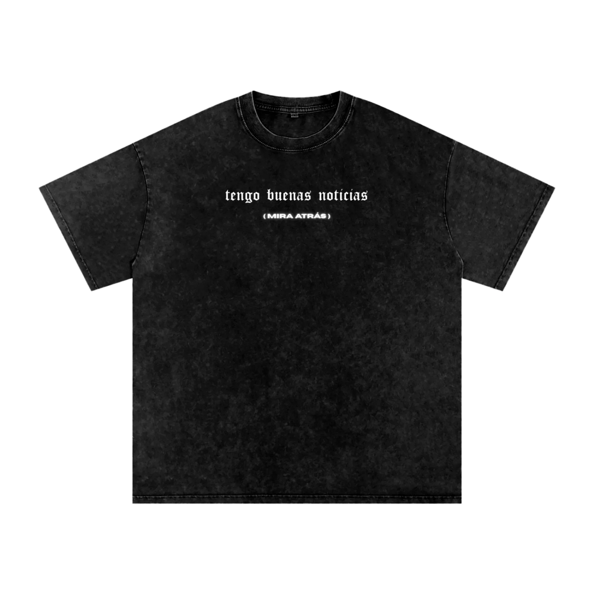 BUENAS NUEVAS Oversized Christian Tee front view — Romanos 5:8