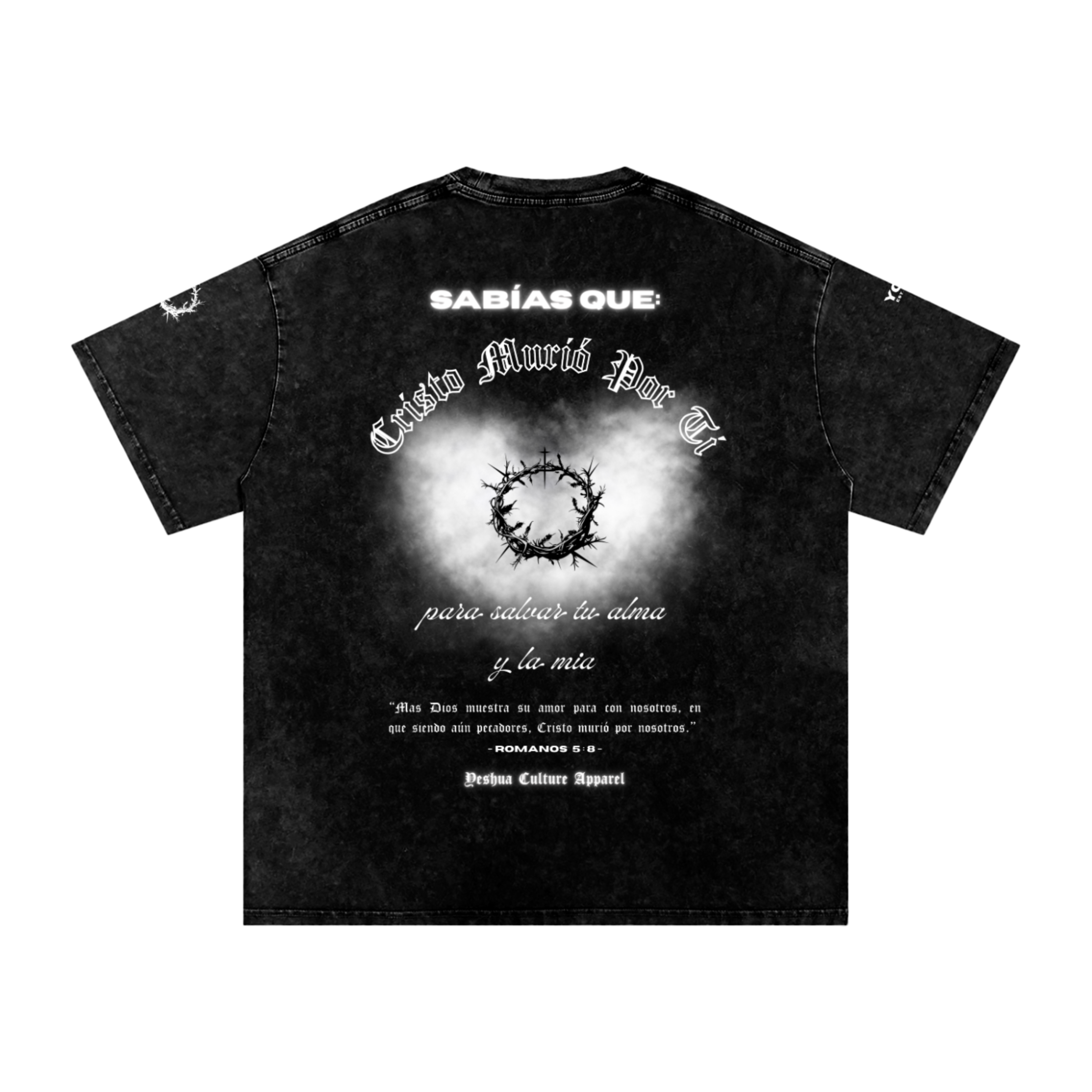 Back of BUENAS NUEVAS tee featuring Romans 5:8 design and verse