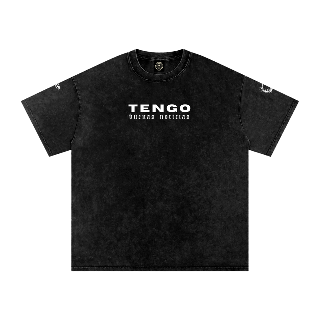 BUENAS NUEVAS Christian tee front view, "TENGO buenas noticias" text