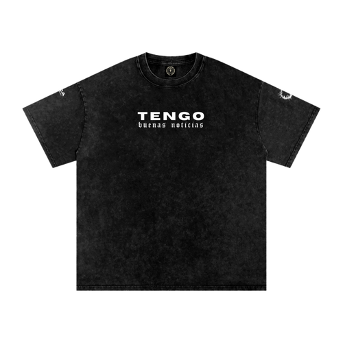 BUENAS NUEVAS Christian tee front view, "TENGO buenas noticias" text
