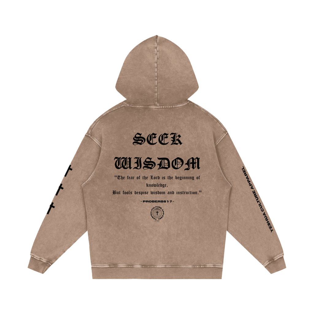"SEEK WISDOM" OVERSIZED LUXE HOODIE IN ACID WASHED WARM IVORY