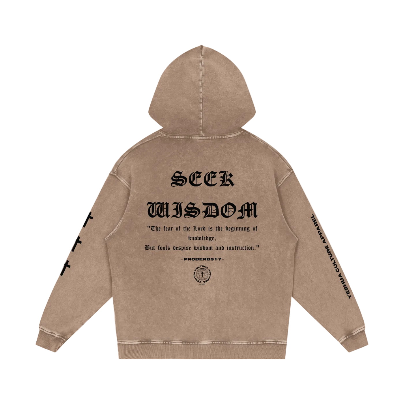 Beige hoodie with text on the back on a white background