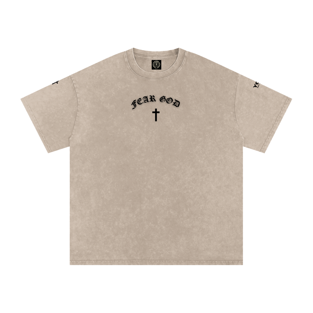 FEAR GOD Christian tee front view with cross icon, sand colorway