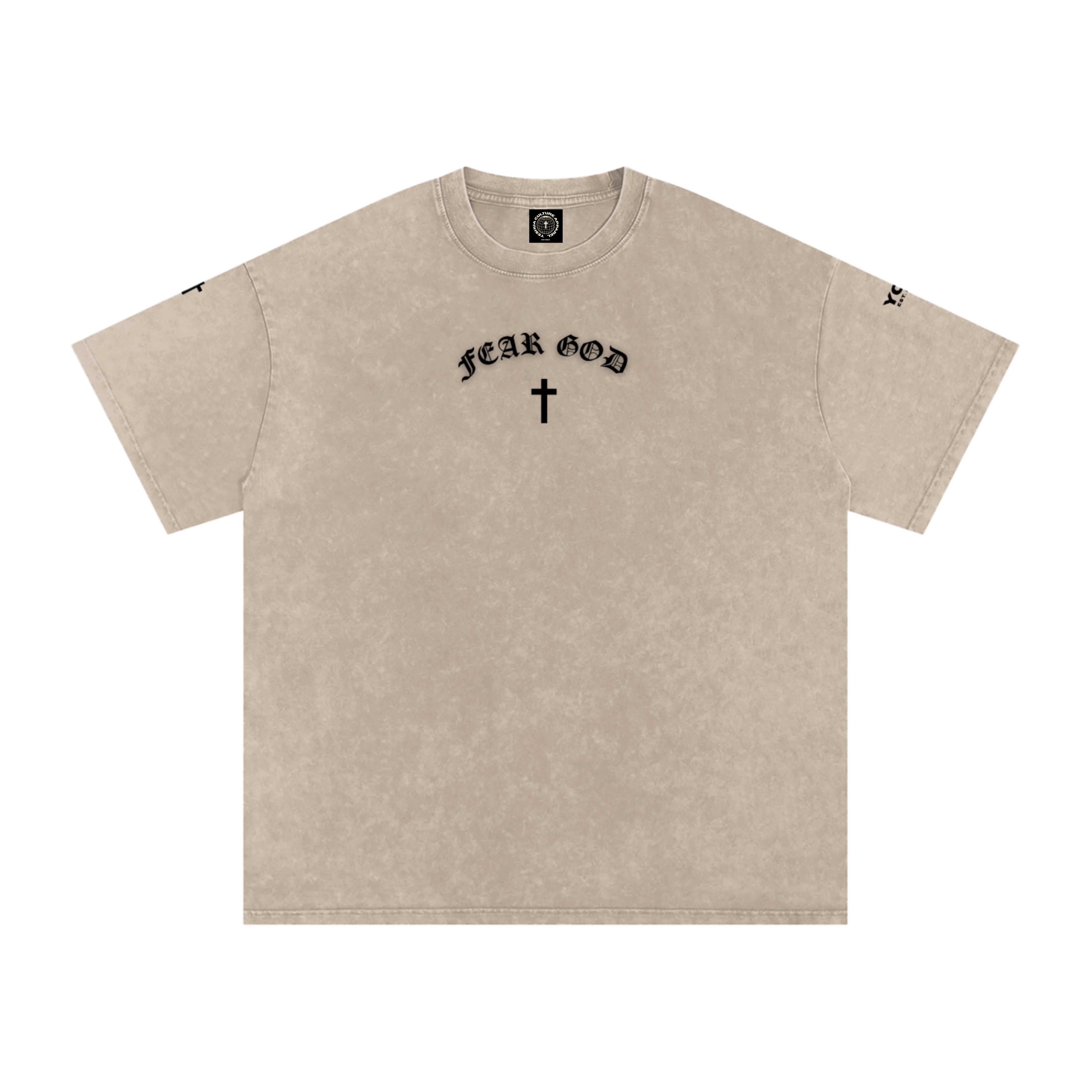 FEAR GOD Christian tee front view with cross icon, sand colorway