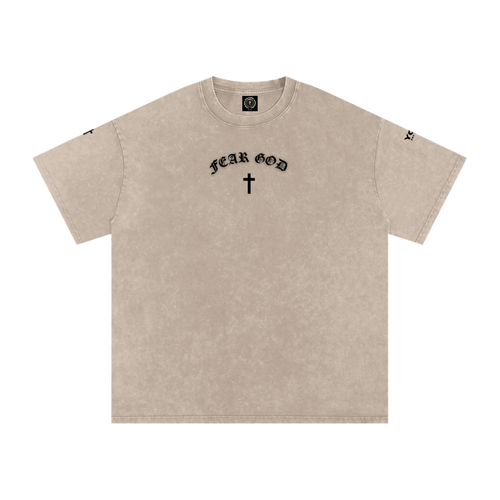 FEAR GOD Christian tee front view with cross icon, sand colorway