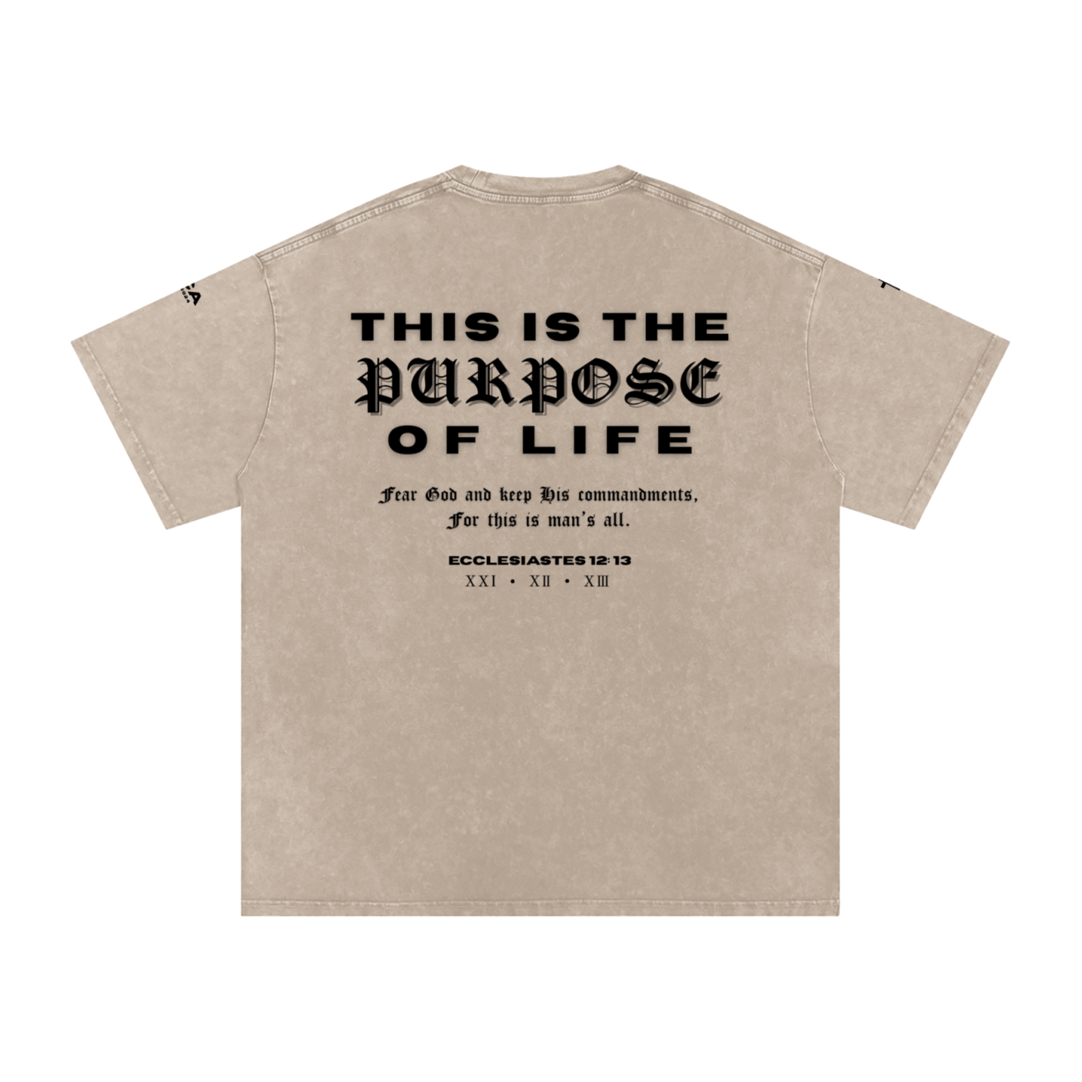 Back of FEAR GOD tee reading "This is the purpose of life," Ecclesiastes 12:13