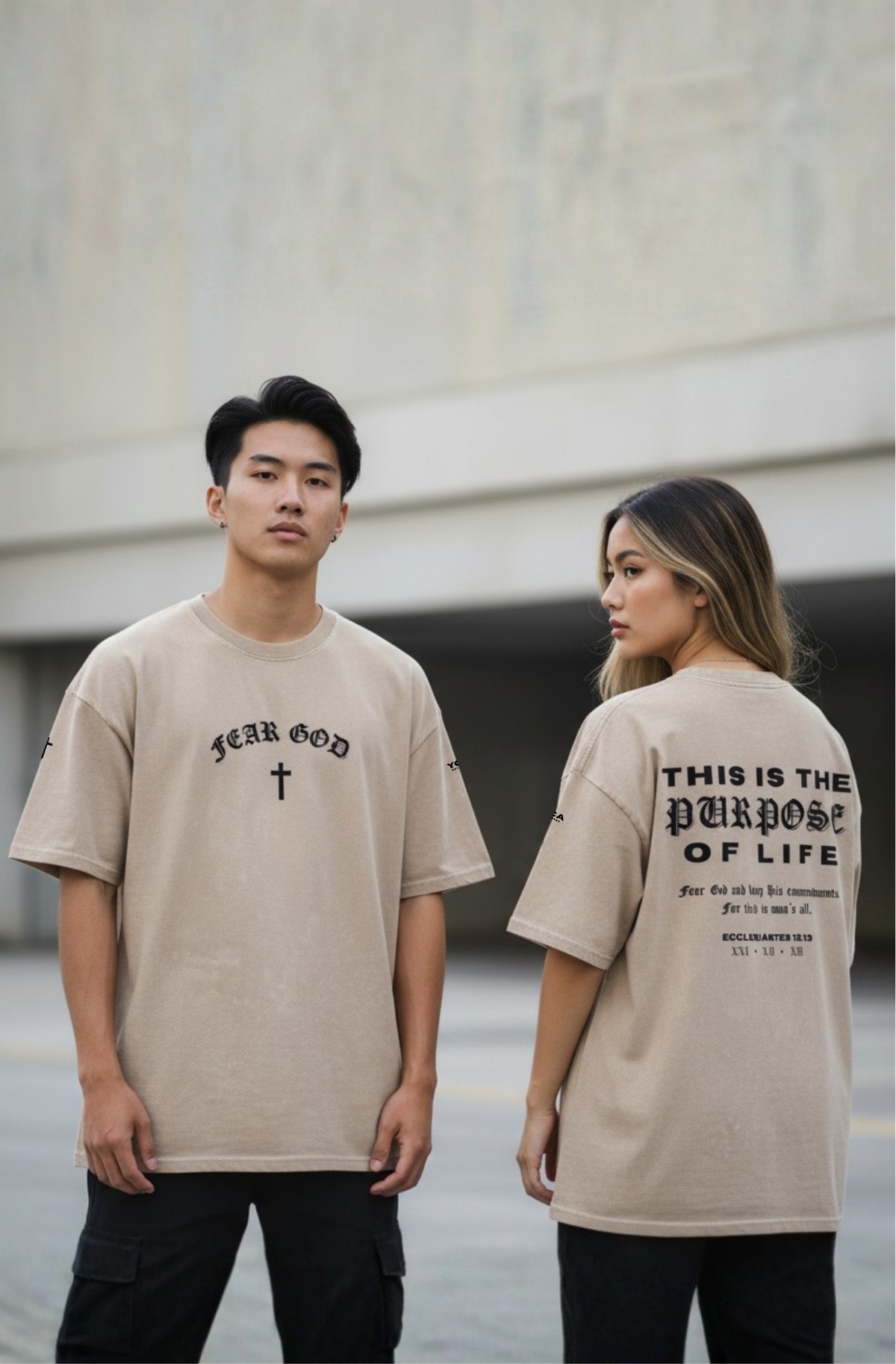 Man and woman wearing FEAR GOD Christian streetwear tees, urban lifestyle shot