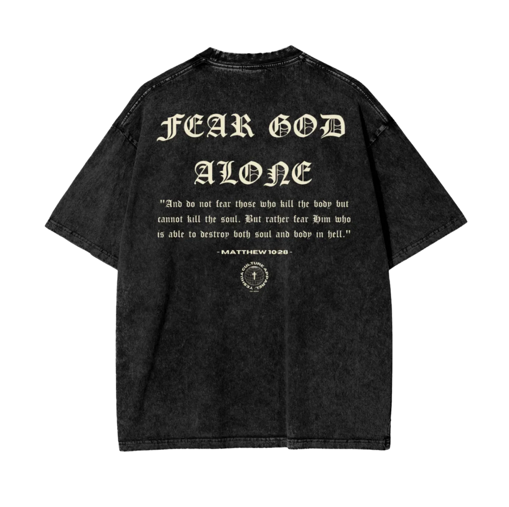 FEARLESS FAITH Oversized Christian Tee back view featuring Matthew 10:28 scripture