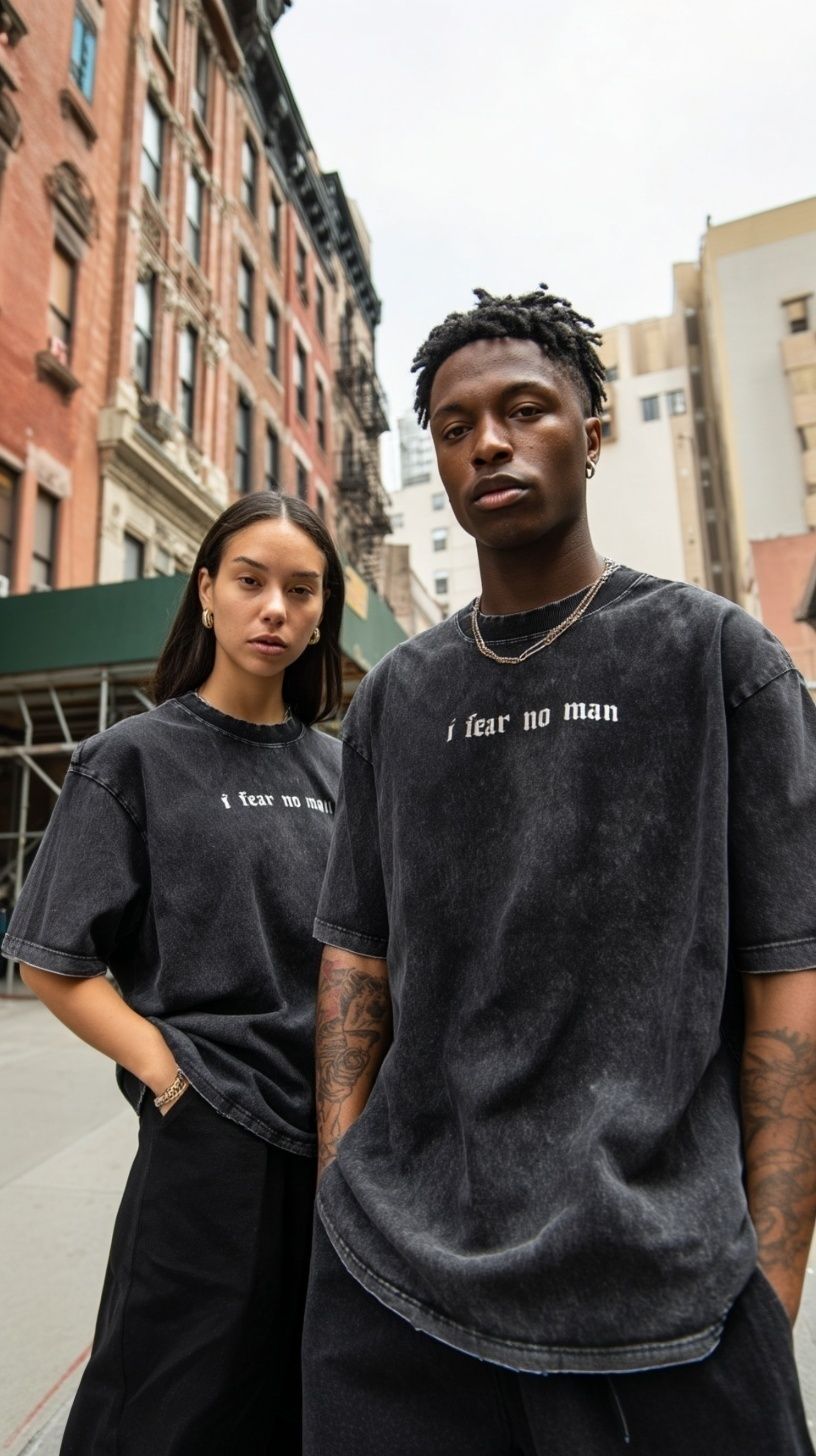 Male and female model in urban setting wearing FEARLESS FAITH Oversized Tee