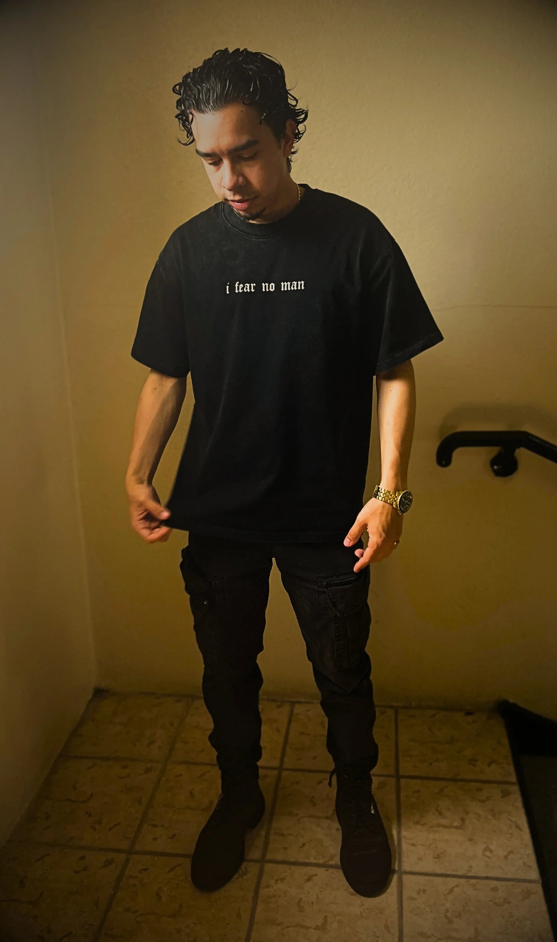 Model wearing FEARLESS FAITH Oversized Christian Tee — fear God alone