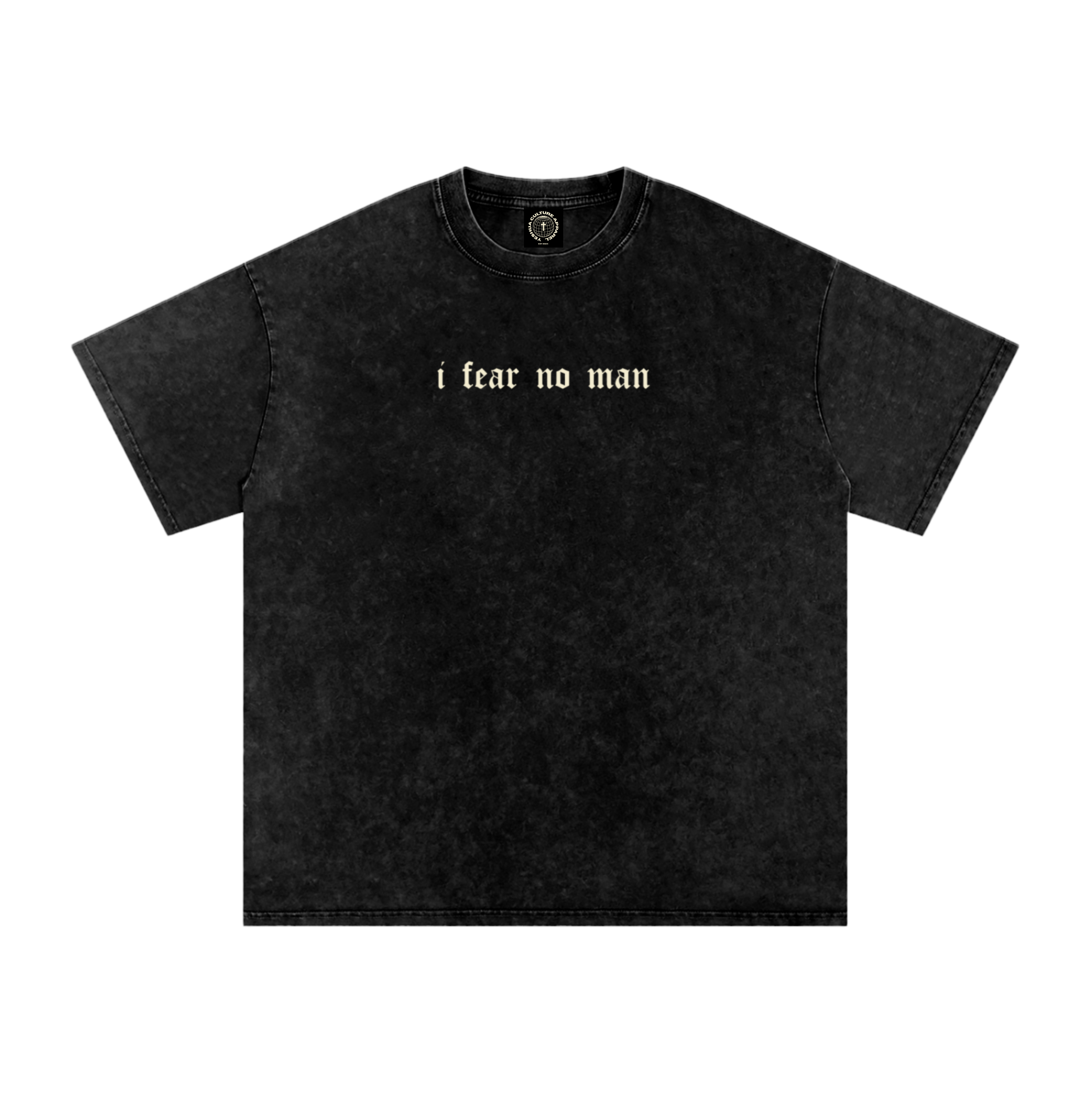 FEARLESS FAITH Christian tee front view, "i fear no man" text