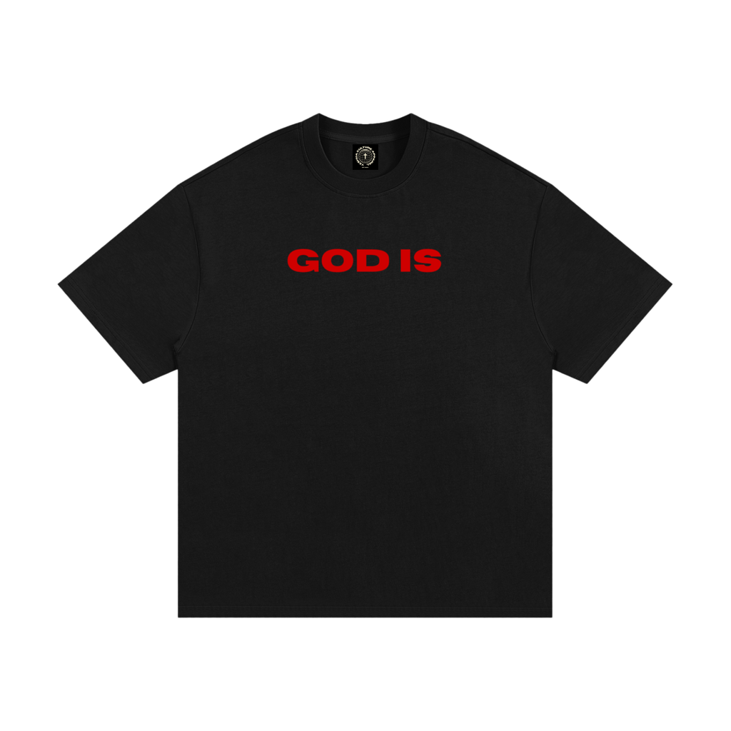 GOD IS Christian tee front view in jet black