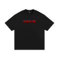 GOD IS Christian tee front view in jet black