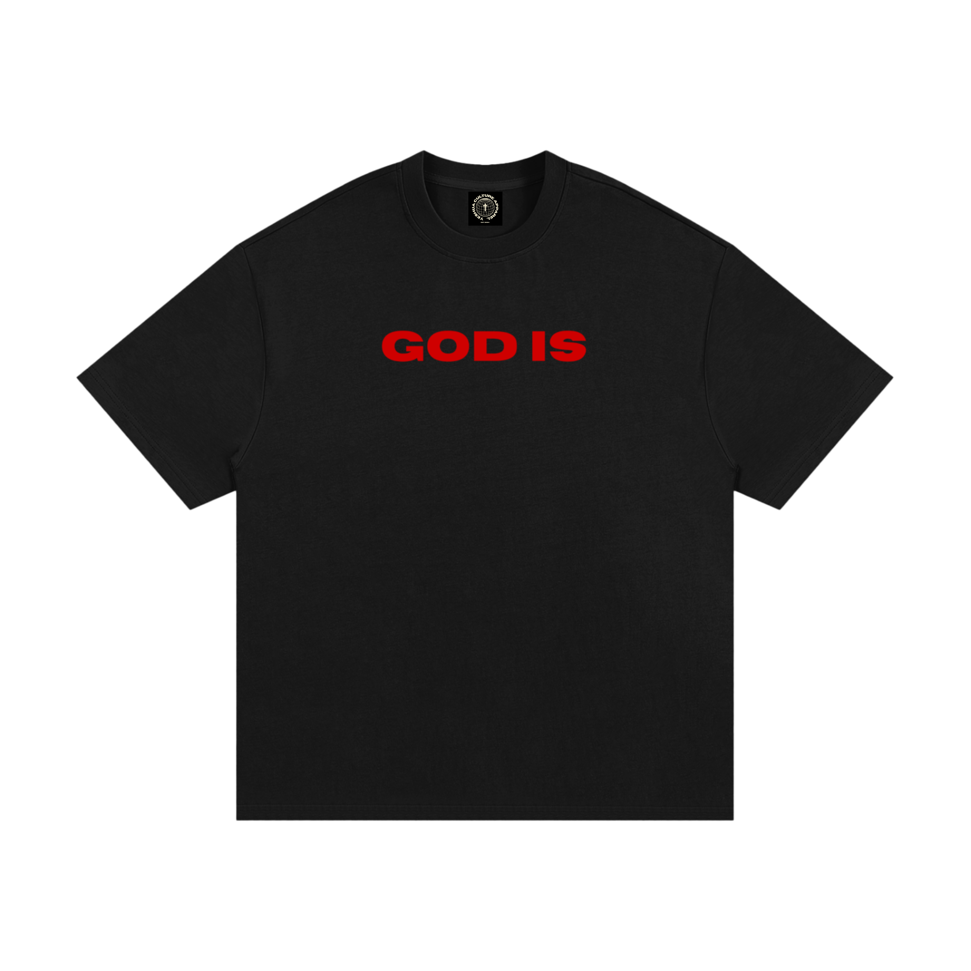 GOD IS Christian tee front view in jet black