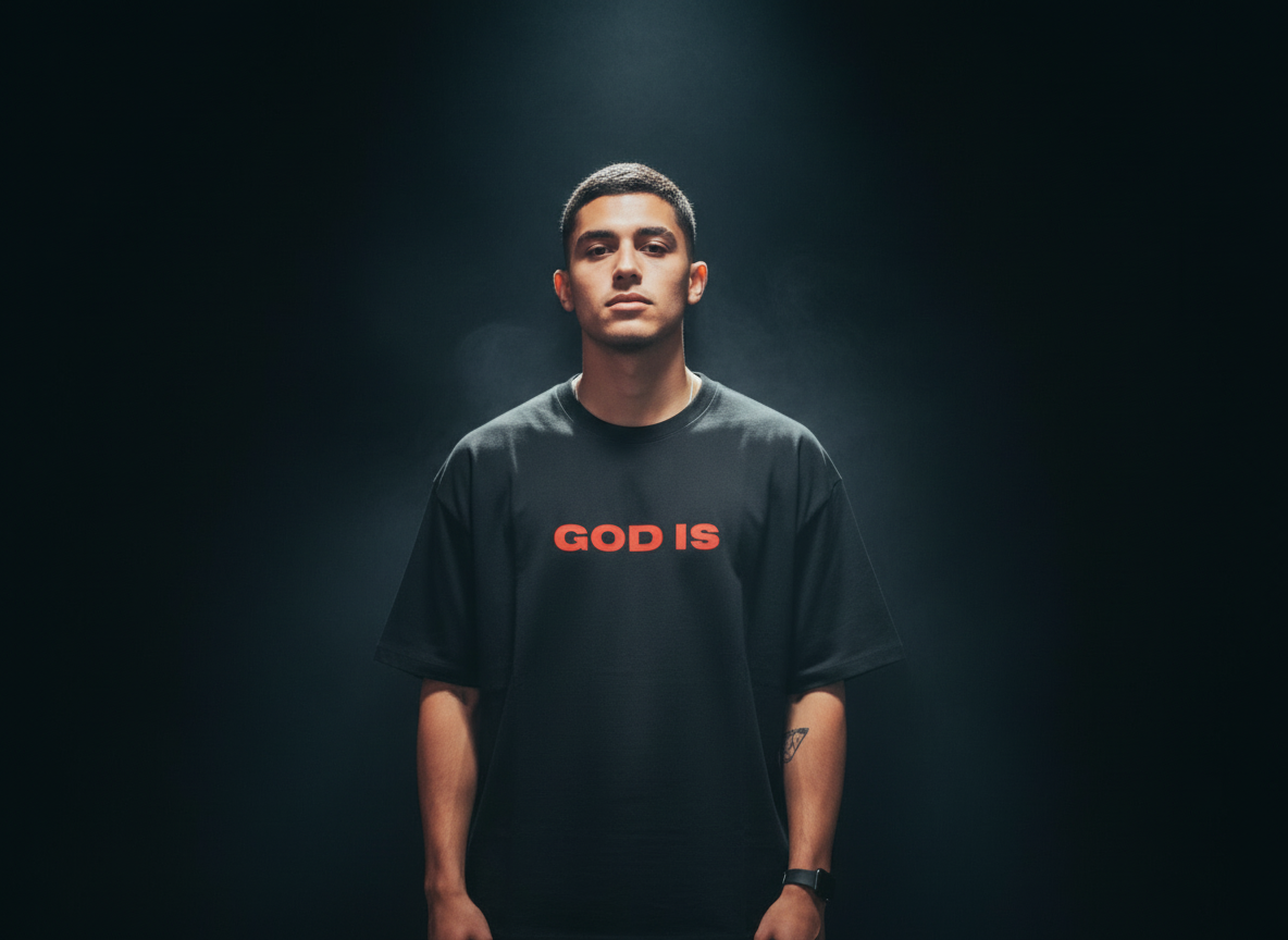 Man wearing GOD IS Christian tee, front chest print, studio lighting