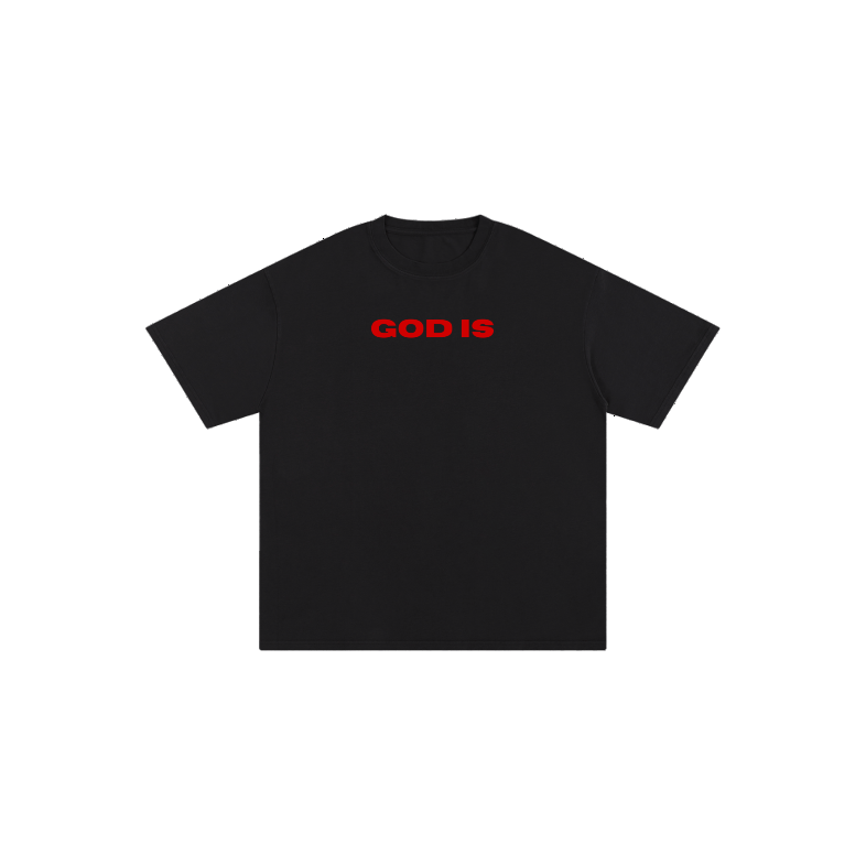 360° rotating view of the GOD IS Oversized Luxe Tee in jet black, featuring bold red “GOD IS” front text and back design with GOOD, HOLY, JUST, FAITHFUL typography inspired by Hebrews 13:8 — Yeshua Culture Apparel.
