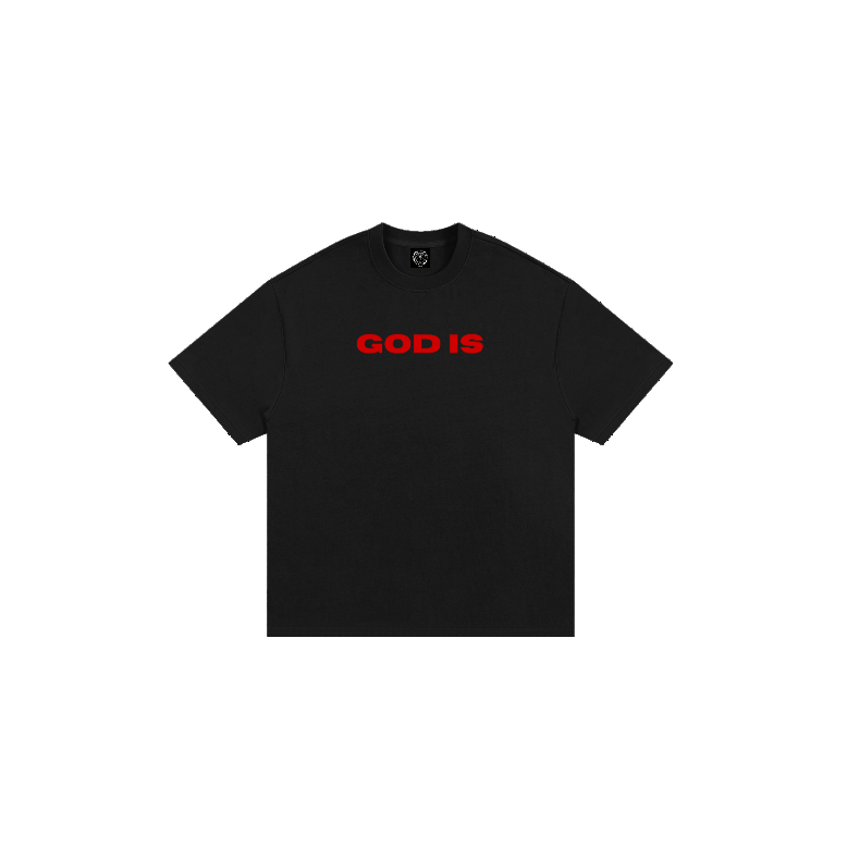 360 view of GOD IS Christian streetwear tee, front and back