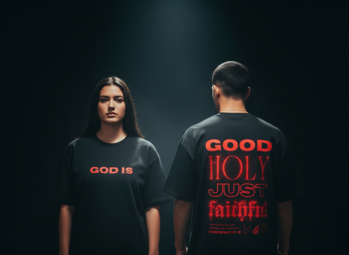 Two models wearing GOD IS Christian streetwear tee