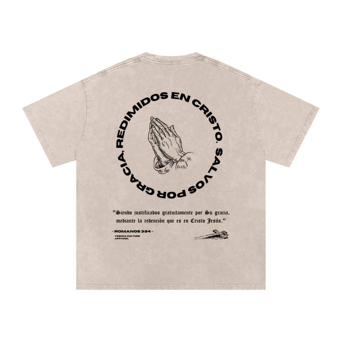 Back of JUSTIFICADOS Y REDIMIDOS tee featuring praying hands graphic and Romans 3:24