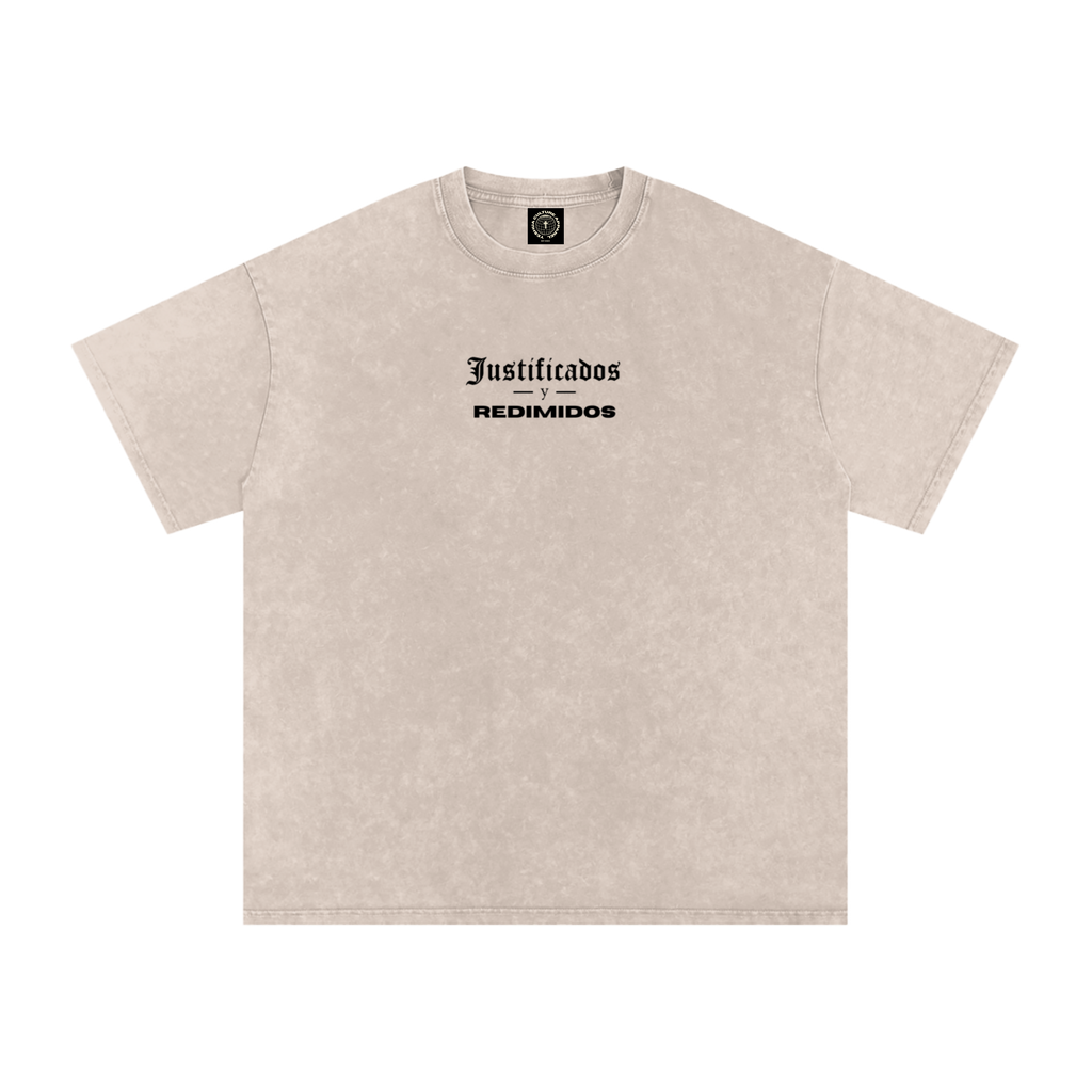 JUSTIFICADOS Y REDIMIDOS Christian tee front view, sand colorway