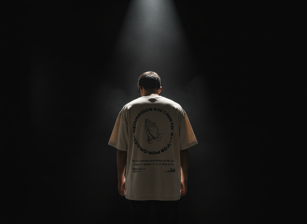 Back view of man wearing JUSTIFICADOS Y REDIMIDOS tee, praying hands graphic visible