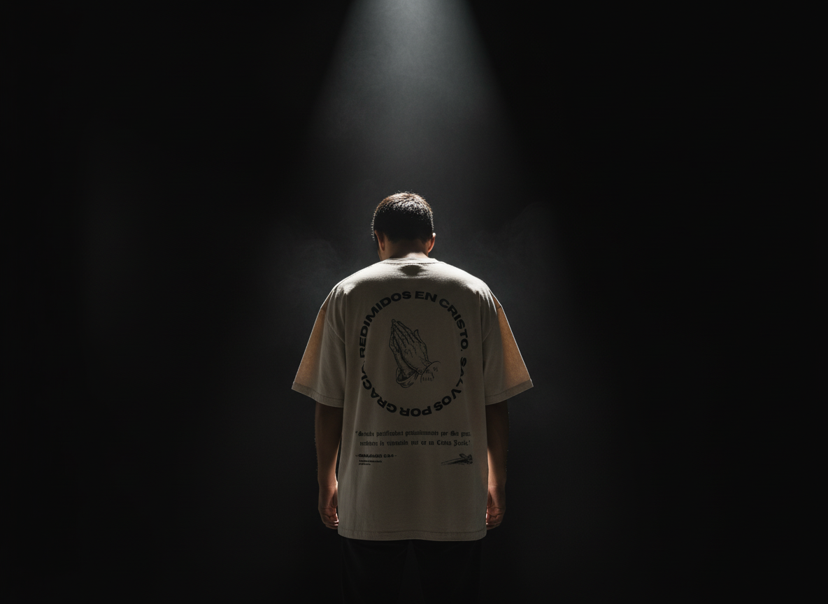 Back view of man wearing JUSTIFICADOS Y REDIMIDOS tee, praying hands graphic visible