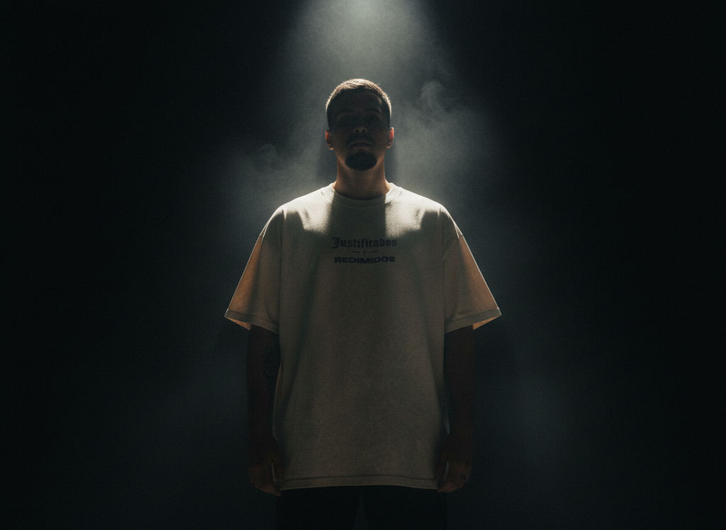 Man wearing JUSTIFICADOS Y REDIMIDOS Christian tee, front view, dramatic lighting